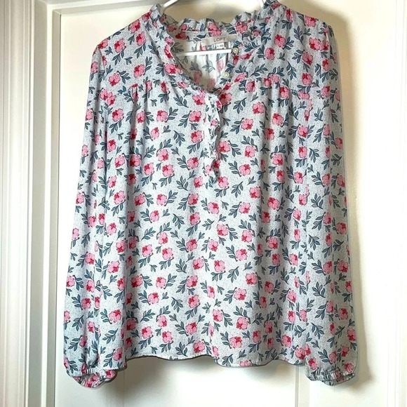 LOFT • Women’s Floral Ruffle Henley Mixed Media Top Blouse - Size M - Picture 1 of 4
